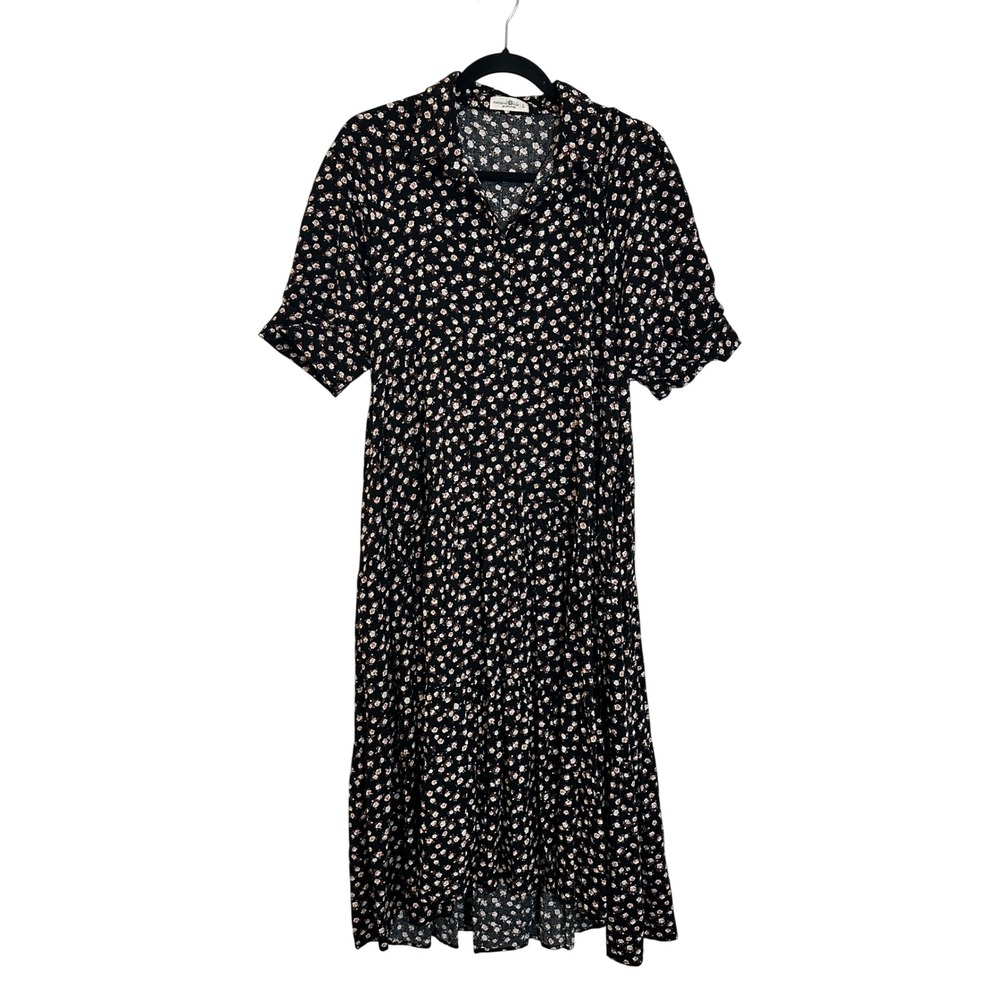 Natural Life Rebecca Midi Dress Size L Black Ivory Brown Floral Roses Pockets